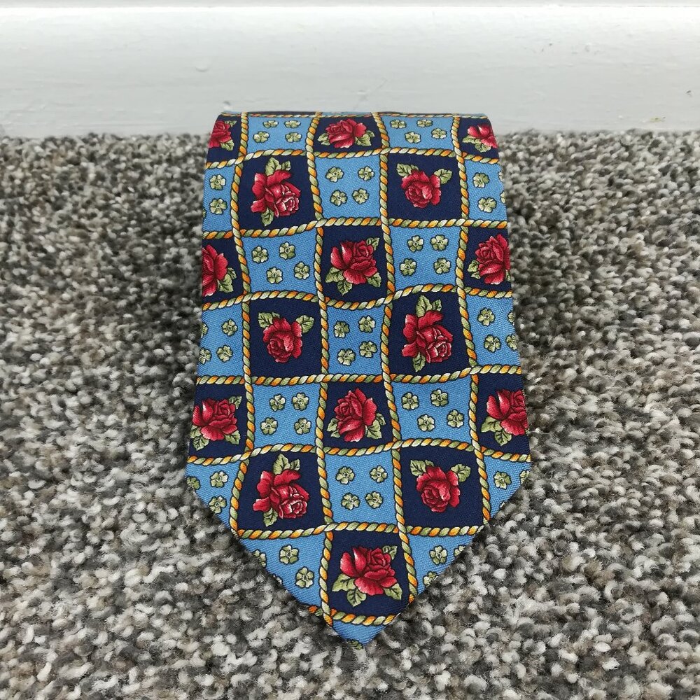 Vintage Burberry Neck Tie Silk Floral Blue Red USA Made 56L 3.75W - Picture 1 of 6